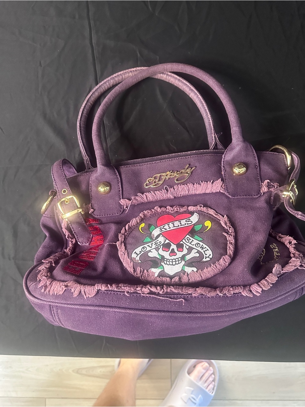 Ed Hardy Purple Canvas Satchel with Skull Patch-#647